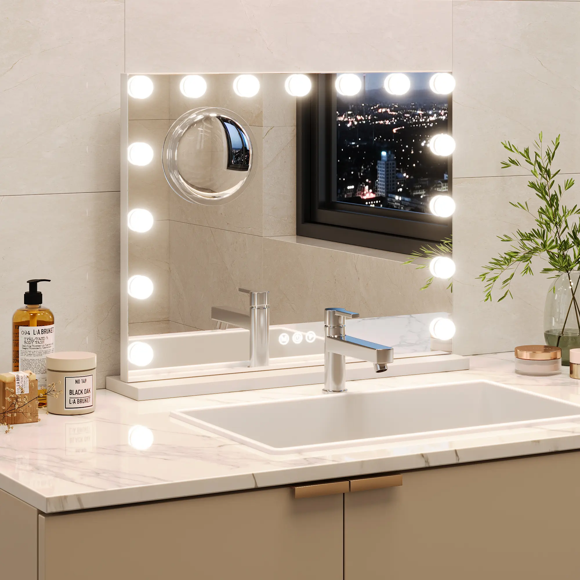 23x18in Round Cinematic-Style LED Vanity Mirror with Lights for Bathroom, 3-Color Dimmable, 360° Rotatable, Touch Control, 3X Magnification, Adjustable, Easy Installation Bathroom Gadget
