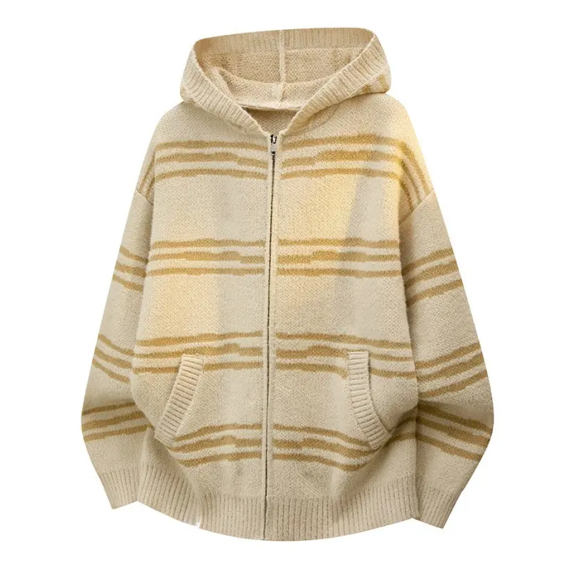 Men's Vintage Striped Hooded Zip-Up Knit Cardigan, Lazy Style Texture Sweater, Soft Warm Outerwear Suitable For Wearing Alone Or Layering For Campus Shopping And Daily Travel