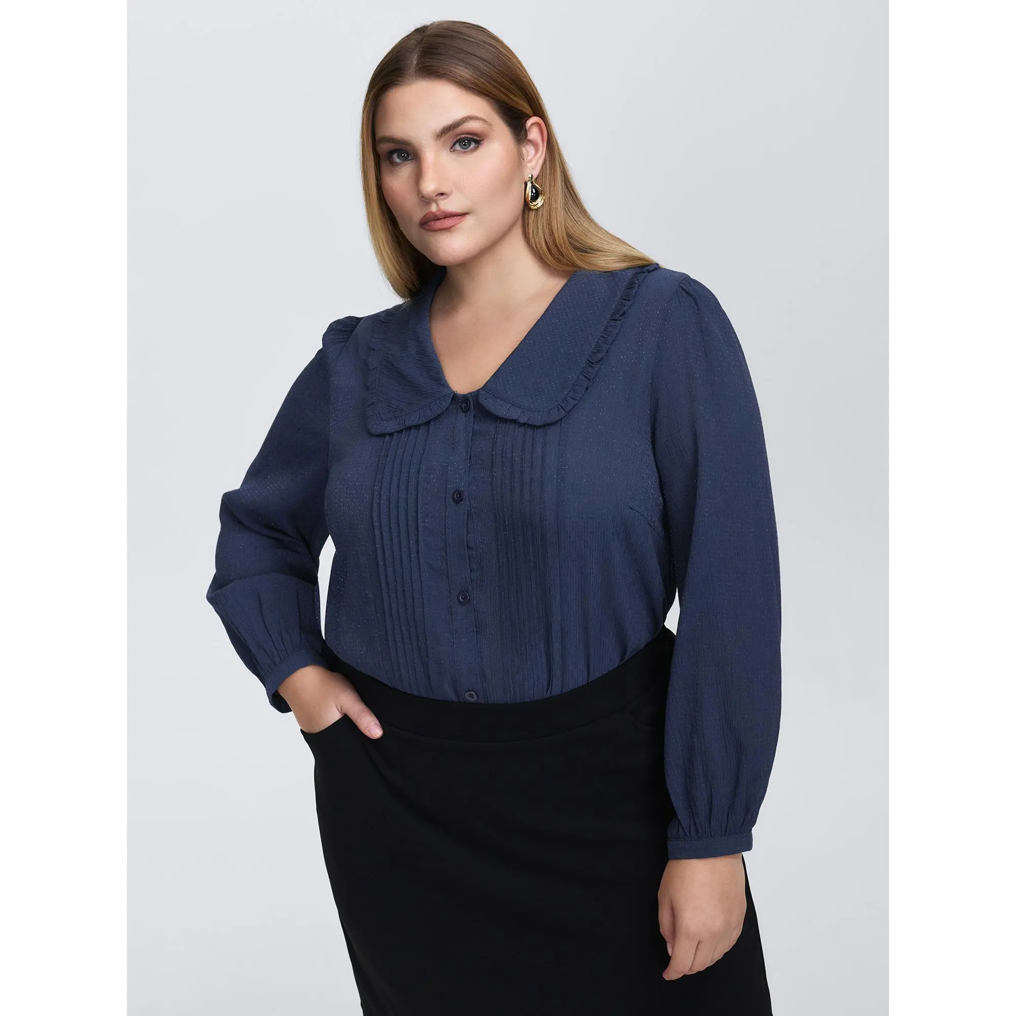 【Summer Turn-Up】【Essential】BlOOMCHIC Plus Size Rayon Textured Semi Sheer Placket Blouse [M-6X]  Summerfinds Fit Blue Swimweek,Summerfinds Fit Blue Shirts Womenswear
