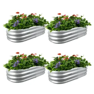 【4 PACK】 4x2x1FT Galvanized Raised Garden Bed Kits, Oval Metal Planter Boxes with Open Bottom, Large Corrugated Steel Garden Bed for Vegetables, Flowers & Herbs, Rustproof & High Stability, Silver