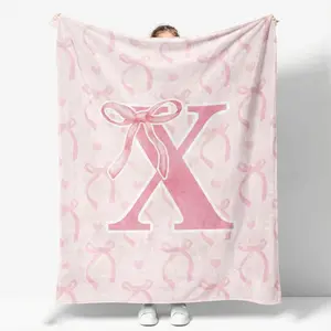 Personalized Pink Ribbon Alphabet Baby Blanket – Custom Embroidered Name A-E Initials – Ultra Soft Flannel Throw for Newborns, Infant Girls, Coquette Style Keepsake with Bow – Cozy Warm Nap Blanket Gift for Snuggle Time & Nursery Decor