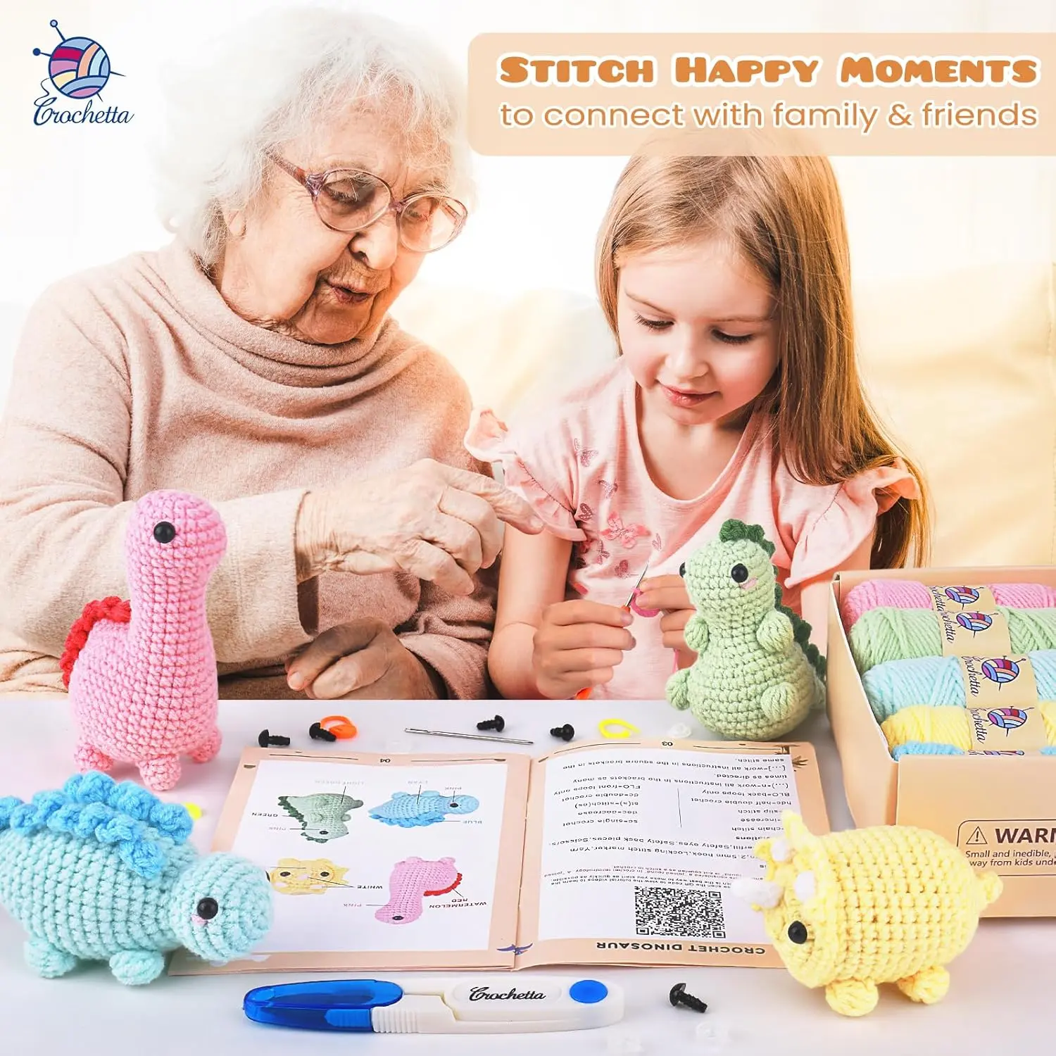 Crochet Kit for Beginners, Beginner Crochet Kit for Adults with Step-by-Step Video Tutorials, DIY Crochet Animal Kits Knitting Supplies, 4 Pack Dinosaurs (40%+ Yarn)