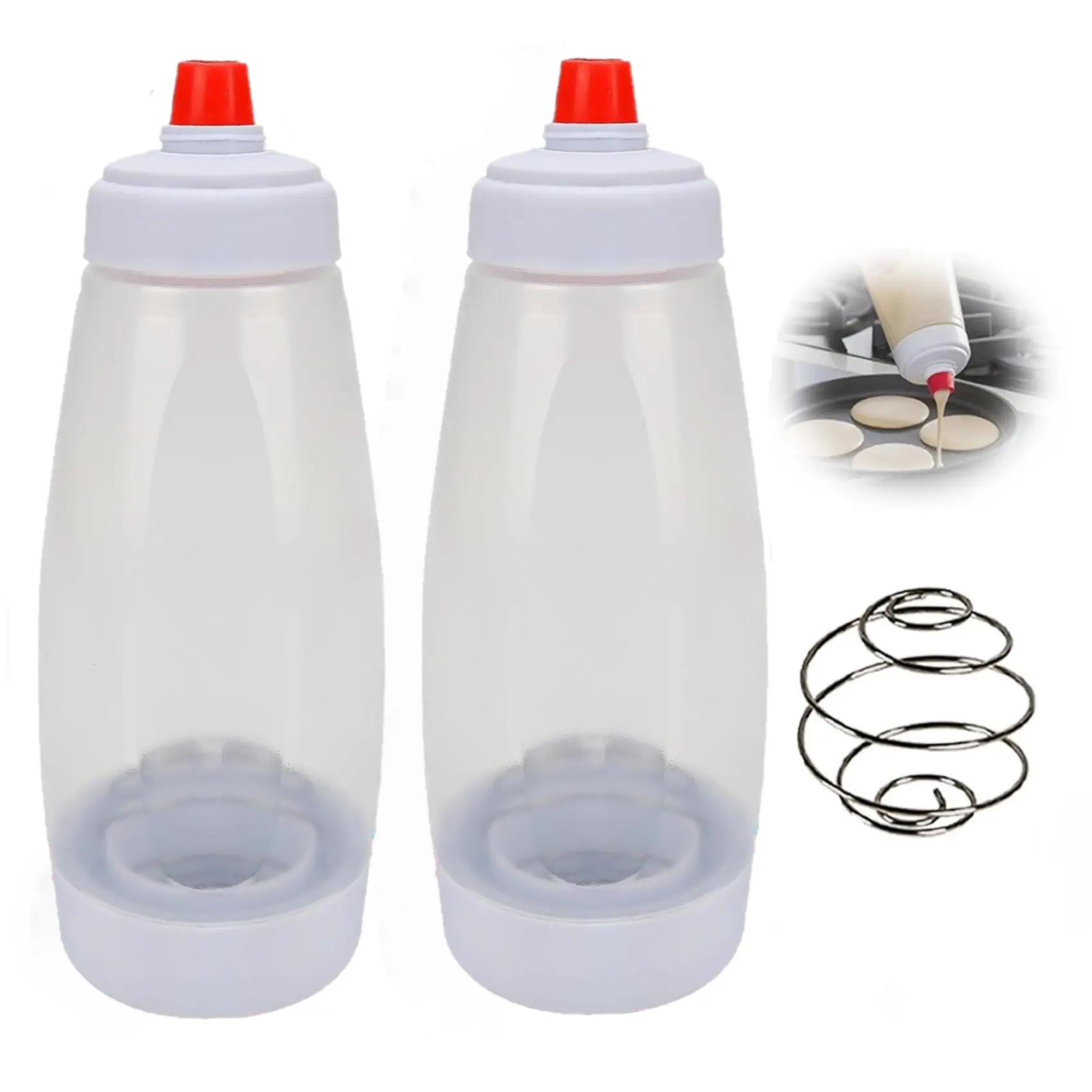 Pancake Batter Mixer & Dispenser Squeeze Bottles - Silicone Utensils with Metal Detachable Stainless Whisk Ball, Pancake Batter Mixer with BlenderBall Wire WhiskWide Opening, Essential Spring Kitchen Gadgets for Pancakes, Muffins