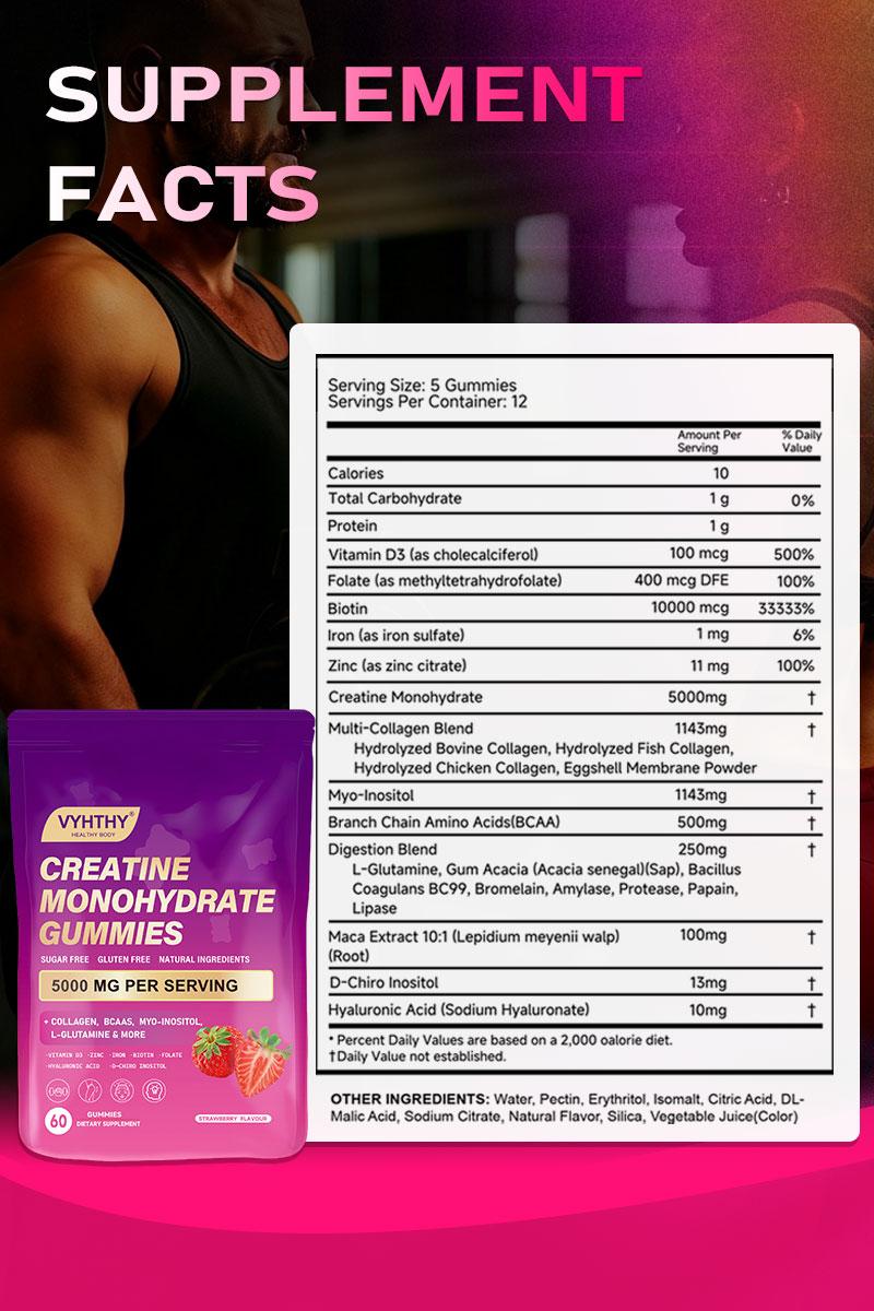 VYHTHY Creatine Monohydrate Gummies – With Collagen, BCAAs, L-Glutamine, Biotin, Zinc, Vitamin D3 & Hyaluronic Acid – Daily Pre & Post Workout Recovery, Sugar-Free