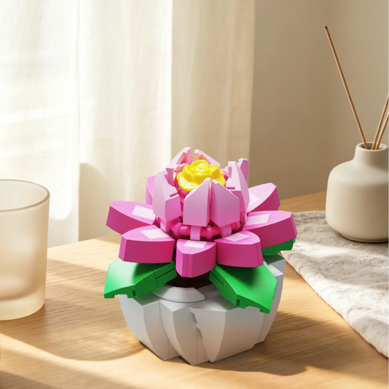 Pink Rose Decorative ABS Plastic Flower Set - Creative Potted Plant, Ages 6+ DIY Mini Assembled Toy, Home Office Desk Decor Gift for Kids (Birthday, Christmas)
