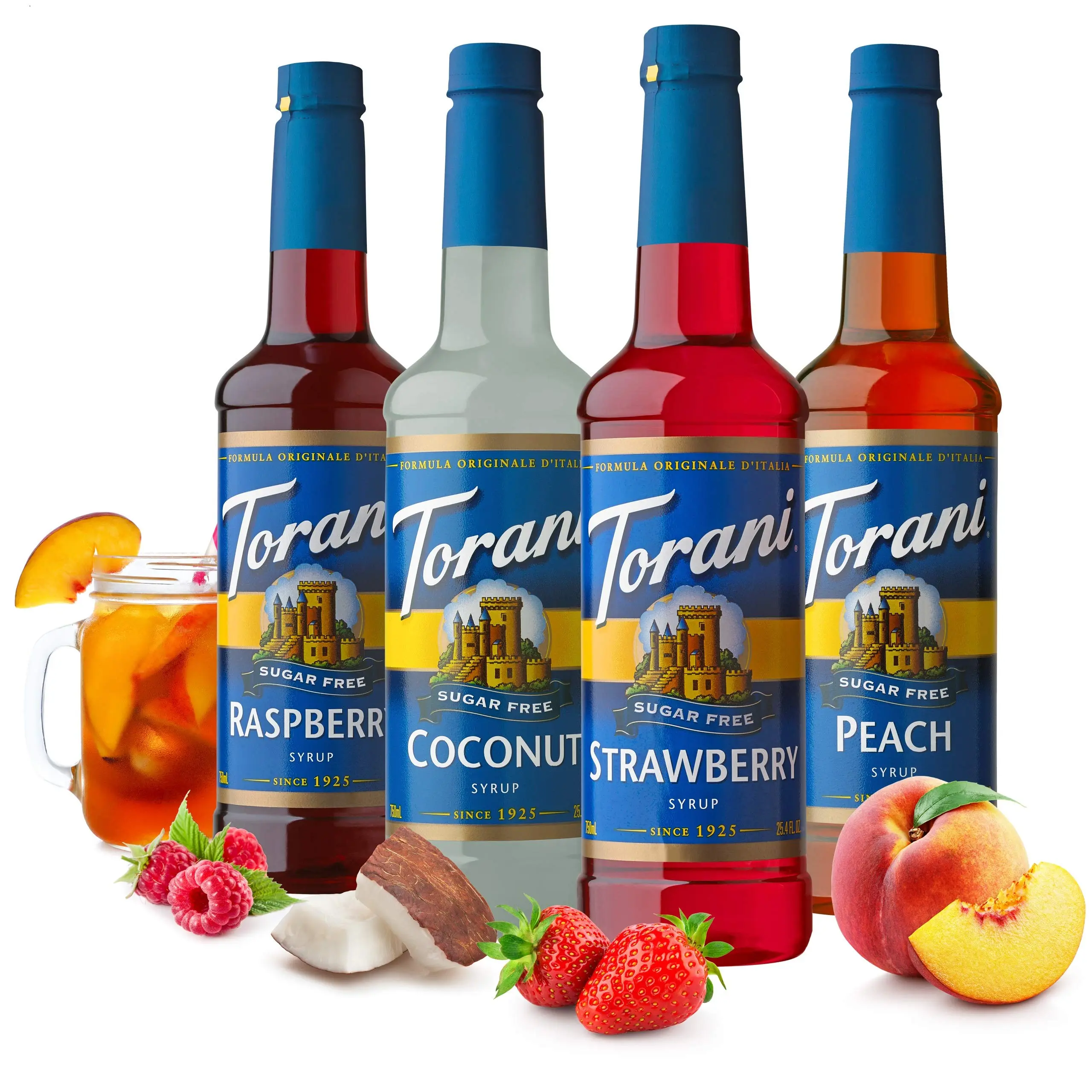 Torani Sugar-Free Flavored Drink Syrup Soda Flavors Variety Pack - Raspberry, Coconut, Strawberry, Peach - 25.4 fl oz (Set of 4)