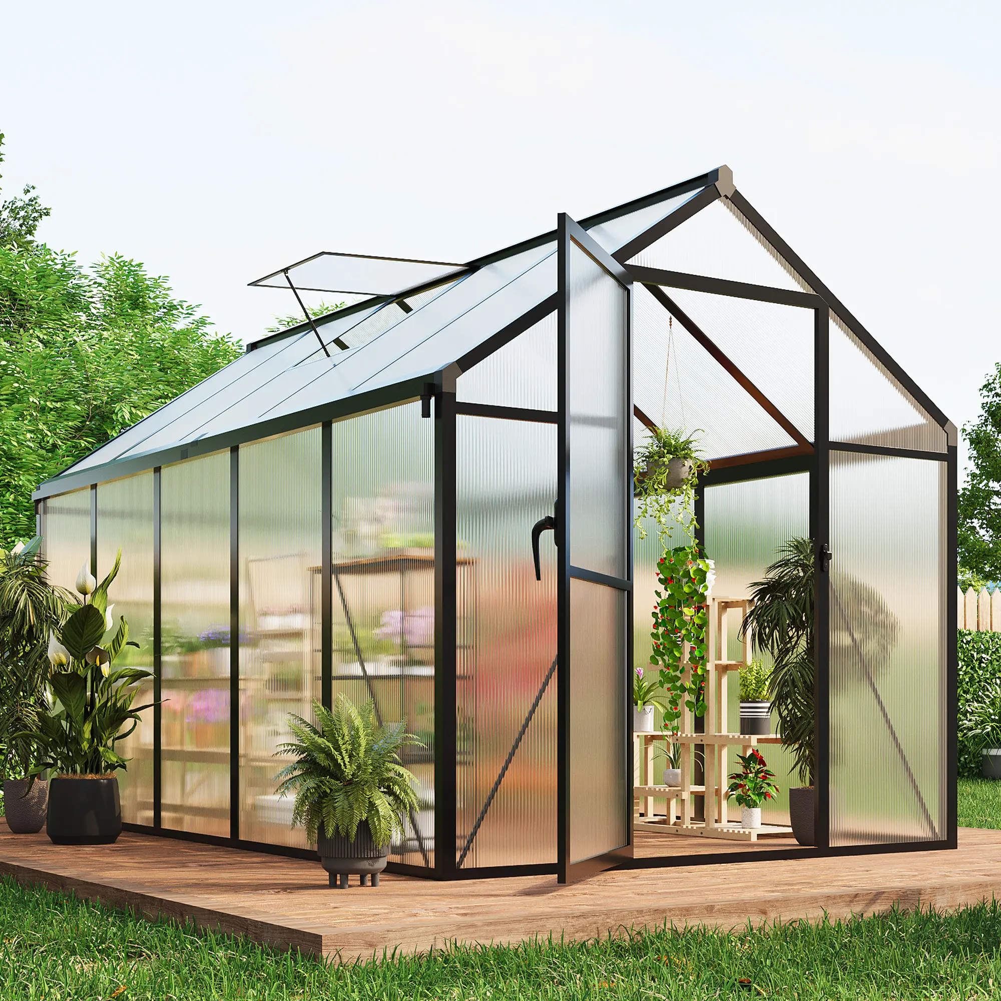 Garvee Heavy-Duty Polycarbonate Walk-In Greenhouse – Sturdy Aluminum Frame, Roof Vent, Lockable Door, Easy Assembly – Outdoor Garden Canopy for Backyard, Patio, Lawn, Dark Grey