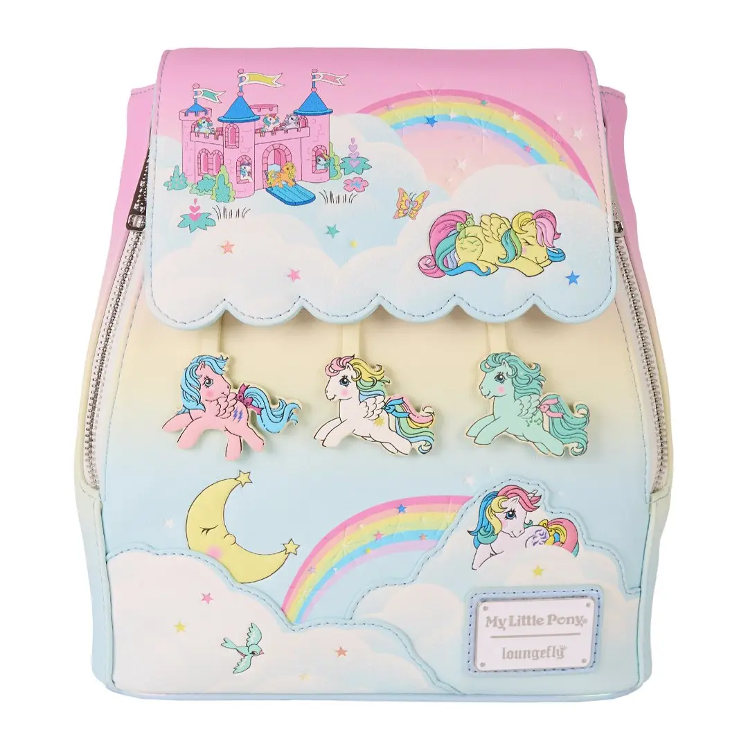Loungefly My Little Pony Equestria Rainbow Mini Backpack, Cute Faux Leather Drawstring Purse with Character Charms, Rainbow Bag