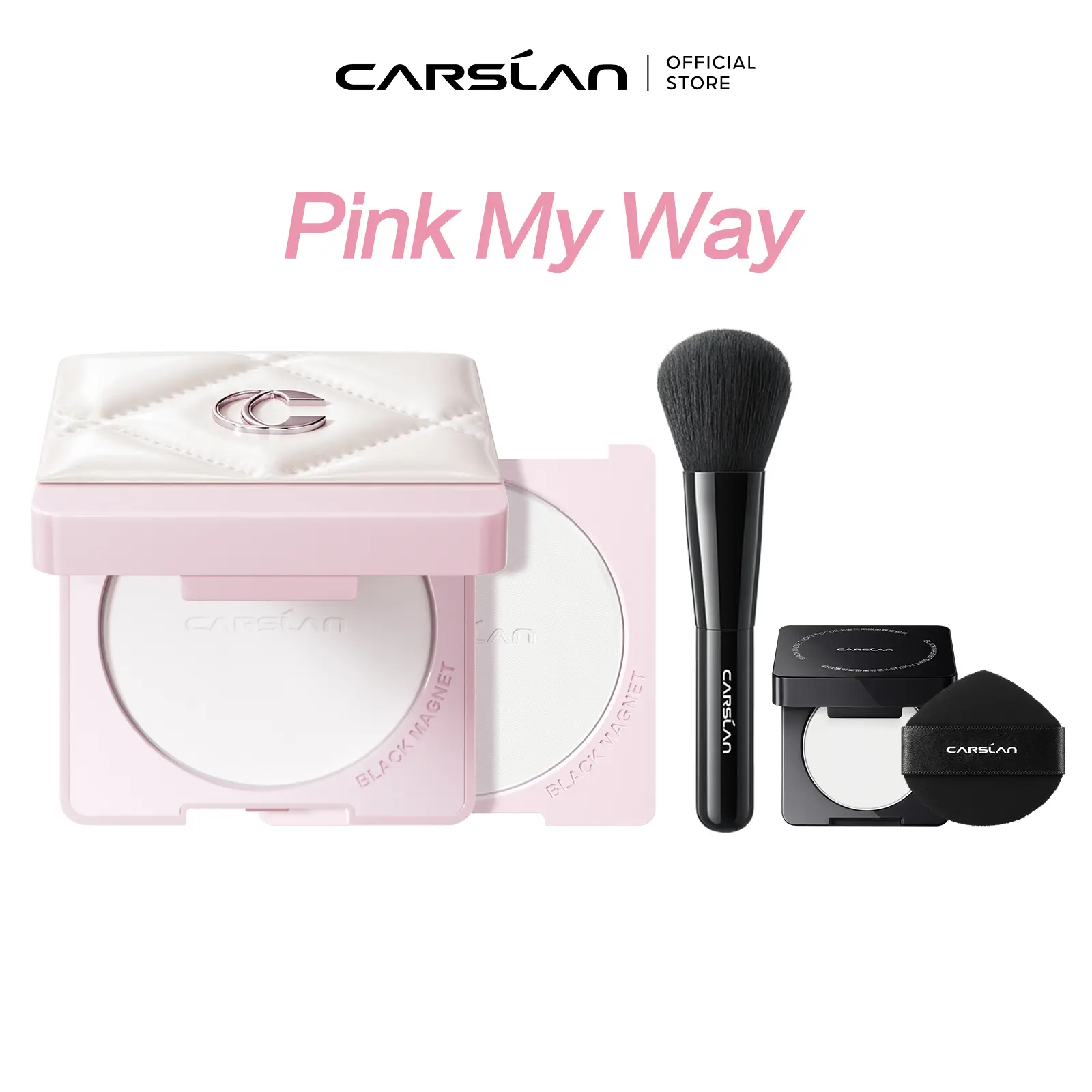 CARSLAN PINK Limited Edition 3.0 Black Magnet Soft Focus Powder, Replaceable Container, 24H Longlasting Translucent Pressed Setting Powder, Oil Control, Waterproof, Sweatproof, Blurring Pore Face Powder, Matte Flawless Finsh, Travel-Friendly Touch Up