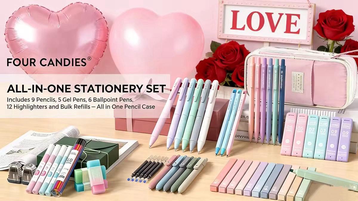 Four Candies 56 PCS Aesthetic School Supplies with Large Pencil Case, 6 Colored Ballpoint Pens, 12 Pastel Highlighters, 5 Black Ink Gel Pens, 9 Mechanical Pencils 0.5-2.0mm Student Essentials, school supplies art work,girly office supplies Four Candies 56 PCS Aesthetic School Supplies with Large Pencil Case, 6 Colored Ballpoint Pens, 12 Pastel Highlighters, 5 Black Ink Gel Pens, 9 Mechanical Pencils 0.5-2.0mm Student Essentials, school supplies art work,girly office supplies