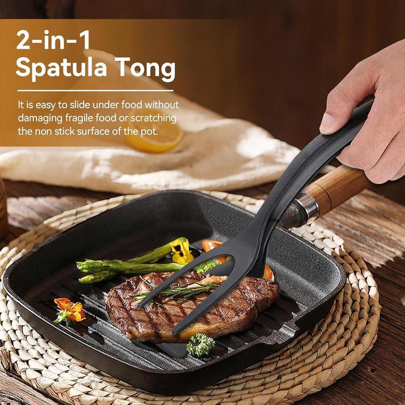 BRODARK 2-in-1 Silicone Shovel & Tweezers Tongs - Black Egg Flipper Pancake Steak Turner Omelet Maker Spatula Fish French Toast Tongs for Home Kitchen Cooking Tools Utensils