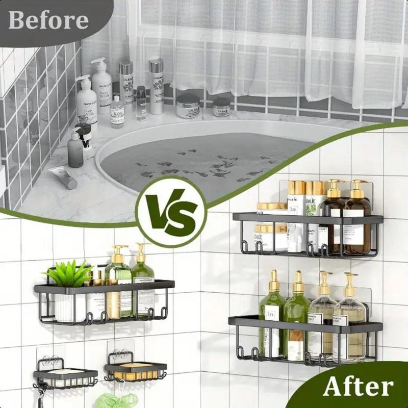 Bathroom Storage Rack Set,5 Pack Shower-Caddy Shelf Organizer. Adhesive wall-mounted Shower Rack. No Drilling Large-Capacity Anti-Slip Bathroom Mat - Rustproof Soap Storage Rack for Bathroom, Kitchen