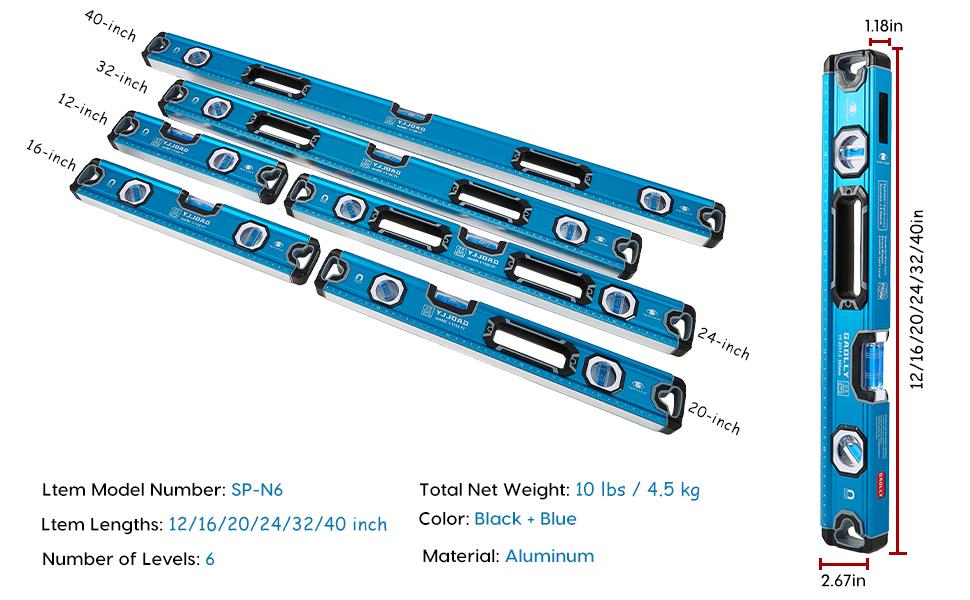 Vertical Sight 6-Piece Aluminium Alloy Levels Set 12/16/20/24/32/40 Inch Magnetic Torpedo Level 45°/90°/180° Bubbles Open Top View Design for Contractors DIY Heavy Duty Industrial Hardware Tool - Home Metal Scale