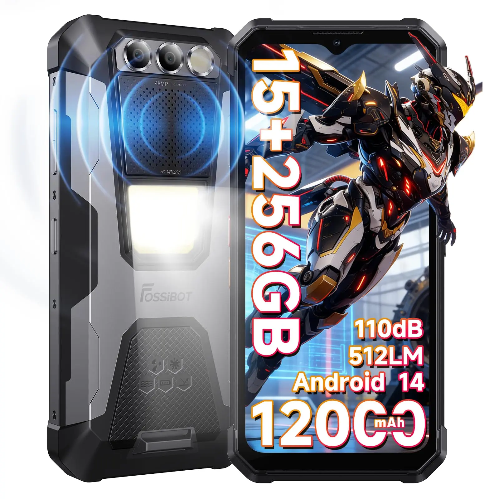 FOSSIBOT F106Pro Rugged Smartphone Unlocked,12000mAh Rugged Phone, 15GB+256GB, Android 14, 6.58" Display 48+16+20MP Night Vision Camera 110db Big Speaker 512LM Camp Light Cellphones, 4G Dual SIM/NFC