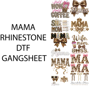 MAMA RHINESTONE DTF GANGSHEET FOR SHIRMAKING with Leopard Bow Design and Coffee Theme