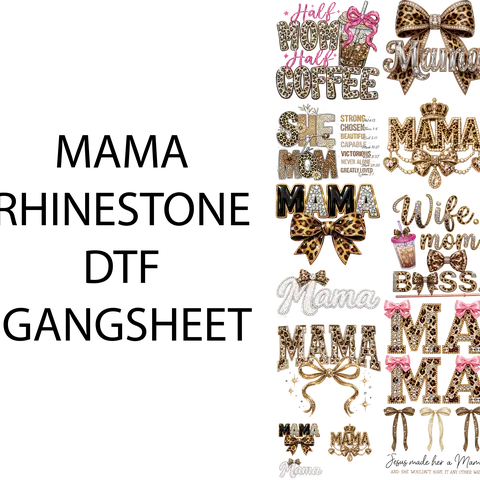MAMA RHINESTONE DTF GANGSHEET FOR SHIRMAKING with Leopard Bow Design and Coffee Theme