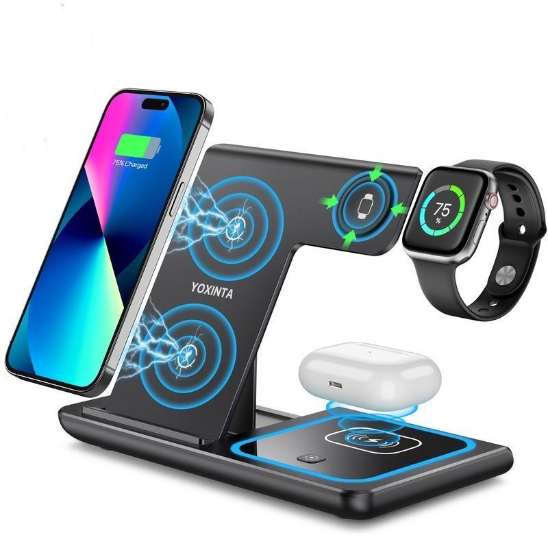 Three-in-One Wireless Charging Stand, suitable for iPhone 16, 15, 14, 13, 12, 11 X, Apple Watch 8, 7, Airpods. It is a base with a foldable design and fast charging function, suitable for electronic smartphones. Black/White Foldable Version