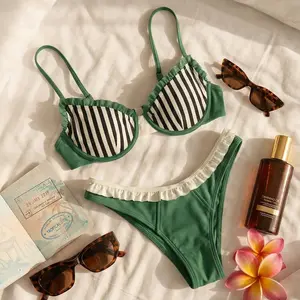 Tropical Photogenic Bikini Set Retro Stripe Ruffles Bikini Bust-Lifting Top & V-Cut High-Leg Bottom Summer Vacation Swimsuit for the Beach