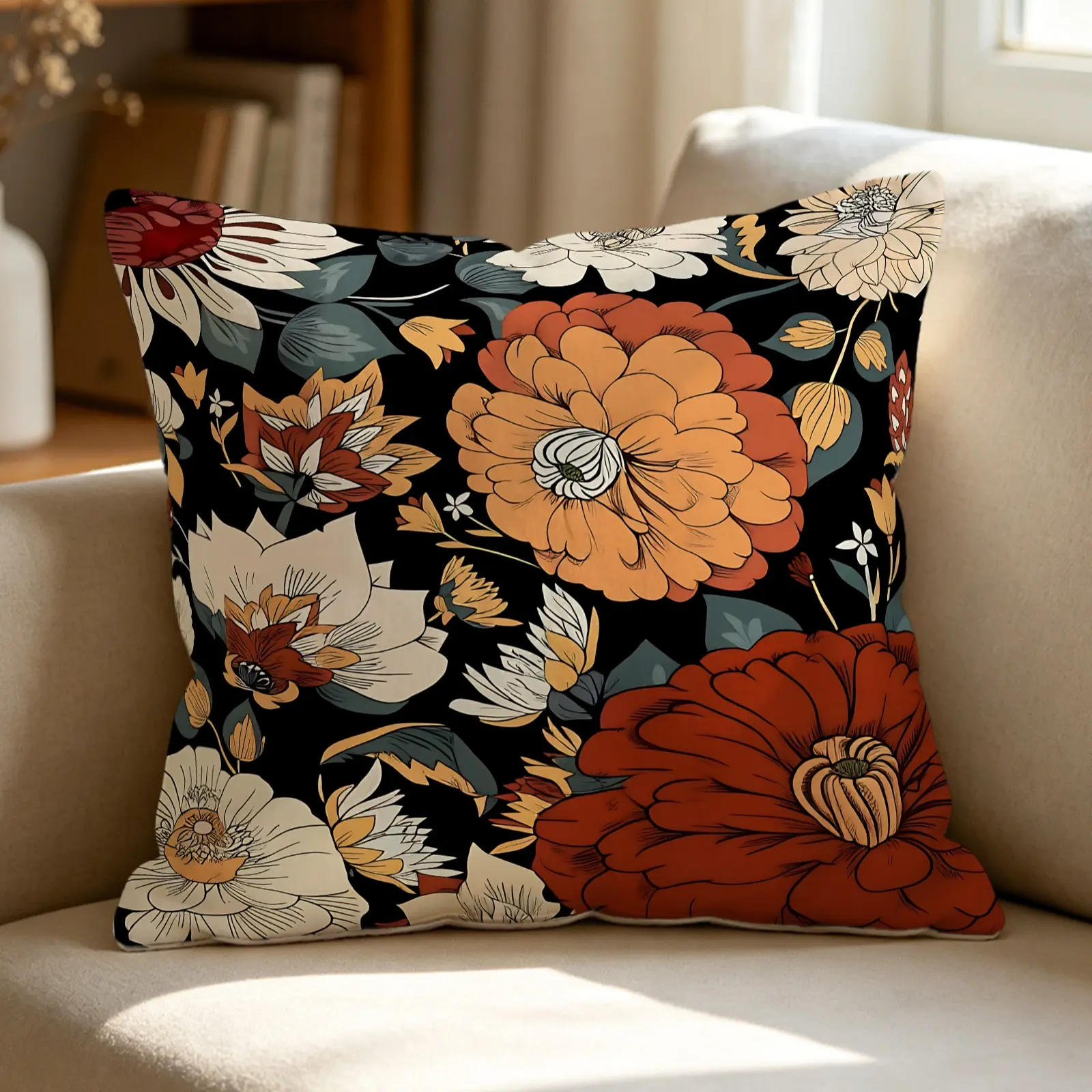 Bohemian Floral Throw Pillow, Includes Pillow Core Cushion, Ethnic Botanical Print Accent Pillow, Soft Plush, Vintage Boho Style Decor for Living Room, Sofa, Bedroom, Farmhouse & Home, Square Pillow, Home Decorative Cushion