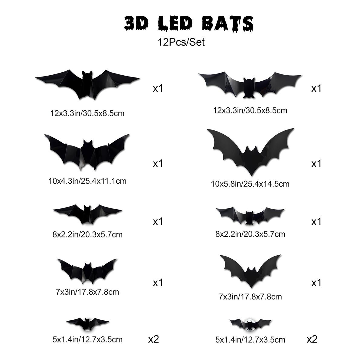 Halloween 3D Lighted Bats, 2025 New 3D Led Bats Lighted Stickers Decor Light - Hanging Wall Luminous Glow Clings for Home Bar Halloween Party (Bats-12pcs)
