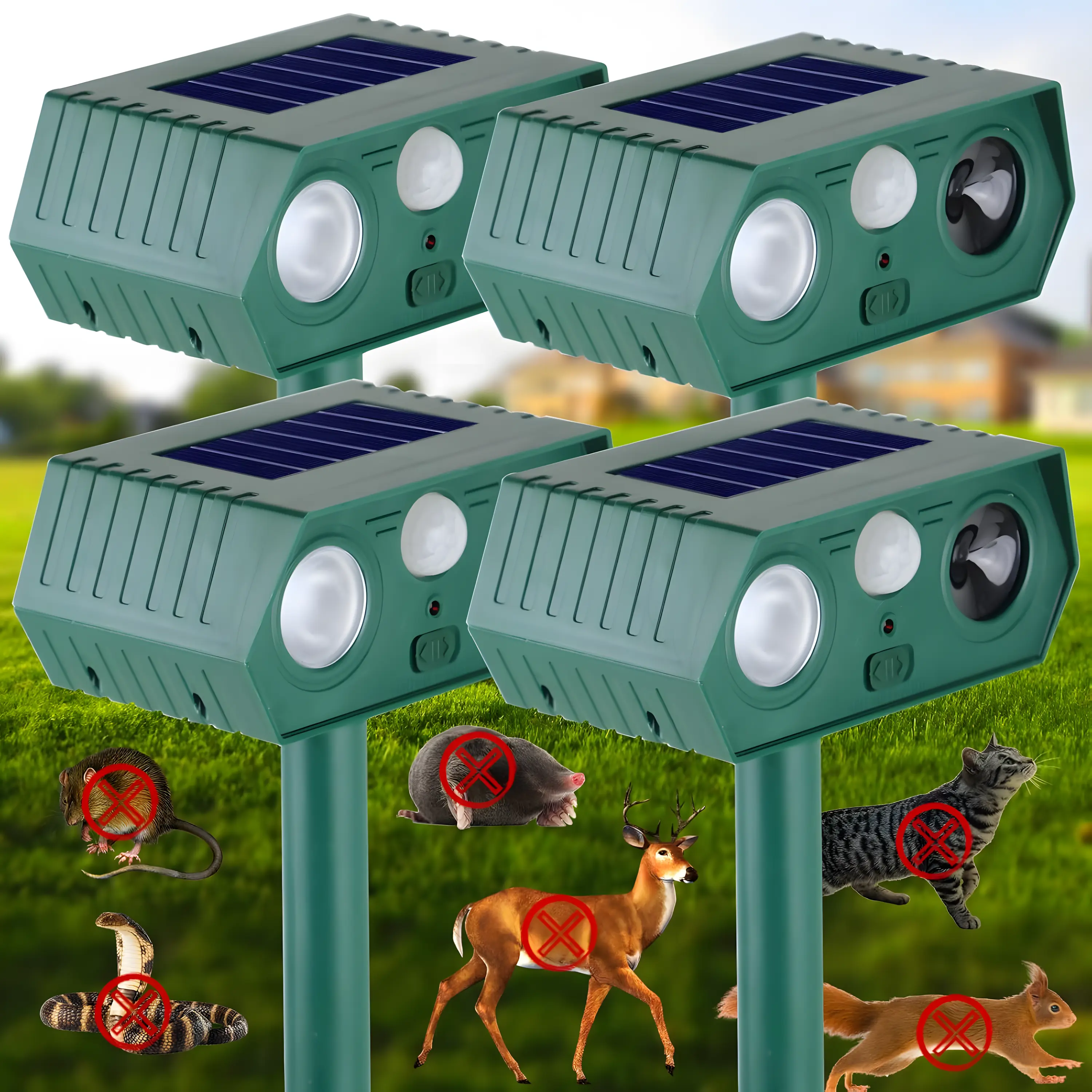 4 Pack Solar Animal Repellent Outdoor, Ultrasonic Pest Repeller with Motion Sensor, Flashing LED Lights & Waterproof Design, Humane Deterrent for Cats, Deer, Mice, Squirrels & Other Animals, for Yard, Garden, Patio & Farm   landscaping decor snow plow