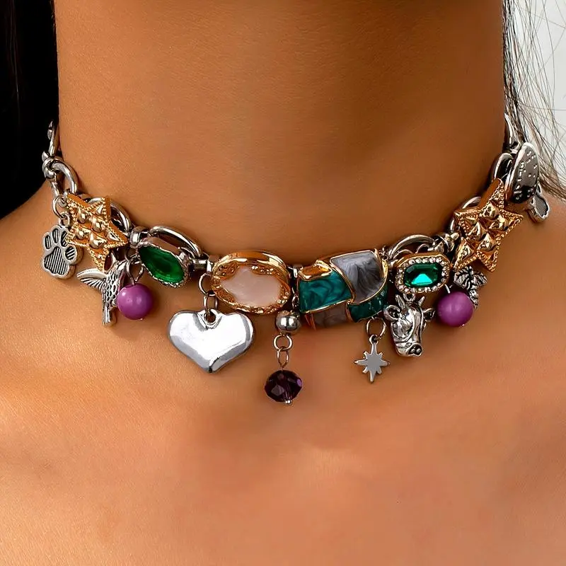 Statement Necklace for Women, Bohemian Gold Hardware Chain with Hand-Painted Enamel Bull & Bee Pendants, Alternative Fashion Jewelry, Talisman Necklace, Jewelry For Women, Statement Necklaces
