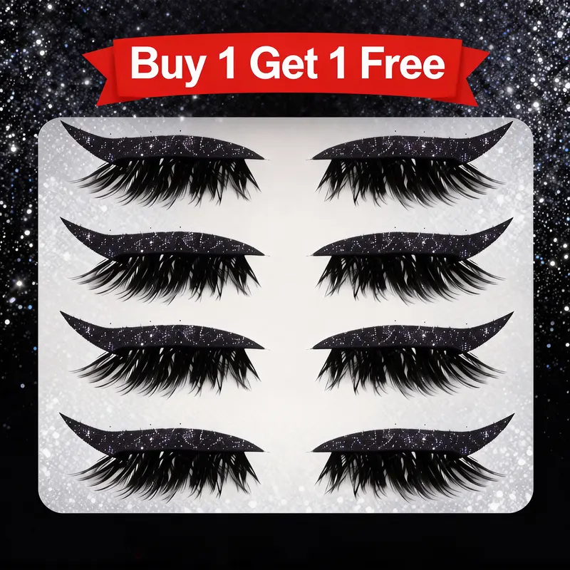 Buy 1 Get 1 Free Glue-Free Self-Adhesive Eyelashes 4 Pairs Curly 3D Volume False Lashes Reusable Eyeliner Sticker Black Daily Cosmetic Essentials Set