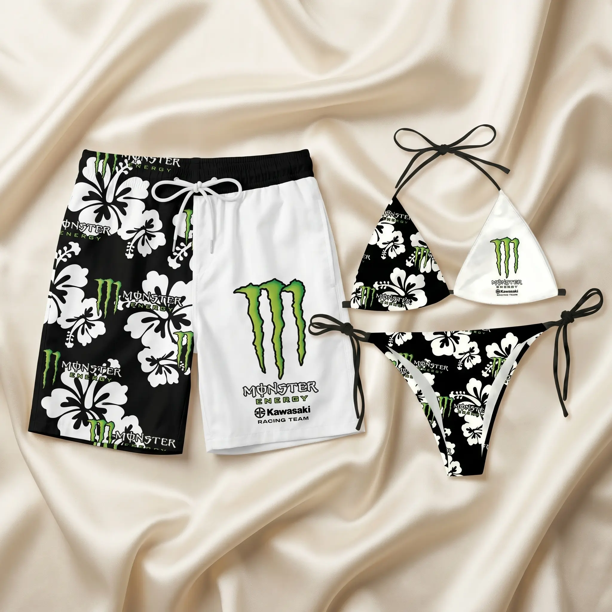 Monster Tropical Couples Swimwear Set - String Triangle Bikini & Men's Board Shorts, Quick Dry Beach Swim Trunks, Summer Pool Vacation Outfit