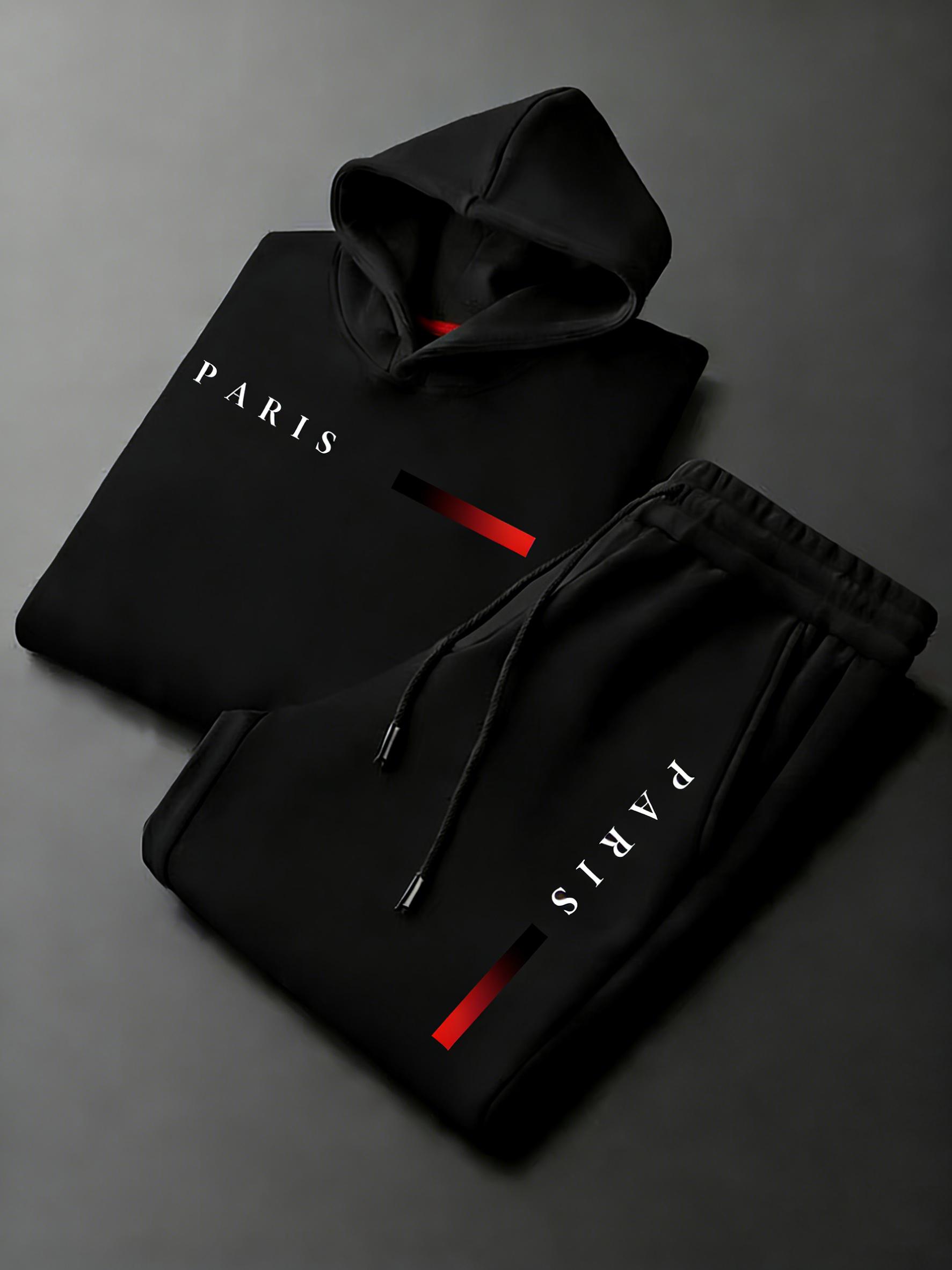 Men's Paris letter printed hoodie and drawstring sweatpants set