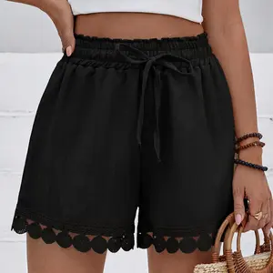 Women's Breathable Linen Shorts High Waist Ruffled Lace Trim Beach & Daily Wear Shorts Springfresh