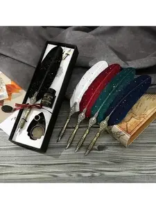 Vintage Feather Pen and Ink Set, Classic Series Goose Quill Pen with Carving Pen Stand, Calligraphy Pen Nibs, Black Dip Pen Ink, Antique Writing Gift for Birthdays & Holidays,Classic Series Goose Quill Pen with Carving Pen Stand,birthday gift