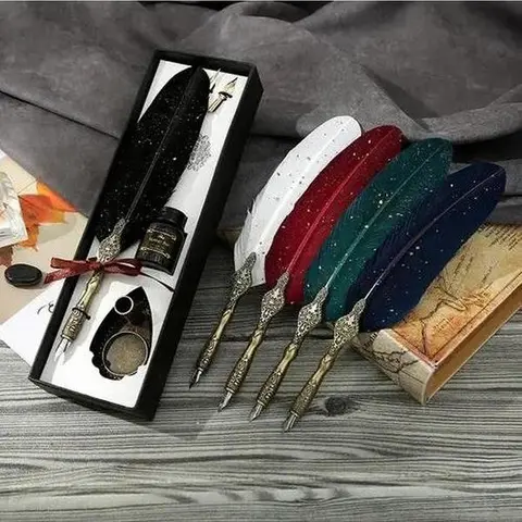 Vintage Feather Pen and Ink Set, Classic Series Goose Quill Pen with Carving Pen Stand, Calligraphy Pen Nibs, Black Dip Pen Ink, Antique Writing Gift for Holidays,Classic Series Goose Quill Pen with Carving Pen Stand,birthday gift,christmas gift