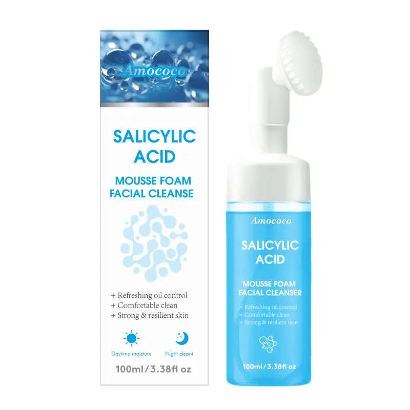 Salicylic acid mousse foam Gentle foaming facial Cleanser, deep cleansing facial cleanser, with brush suitable for all sensitive and dry skin types, PH balanced oil-control pore cleanser