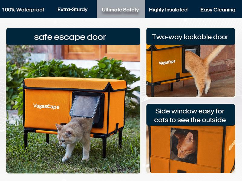 Vagascape Heated Outdoor Cat House, Heated Bowl, Thermostat & Overheat Protection with Auto Shutoff, Warms in ~3s & Energy-Saving – Waterproof, Insulated & Elevated, 12mm Fiberglass Frame, Escape Door & Window, UL-Tested Heating Core