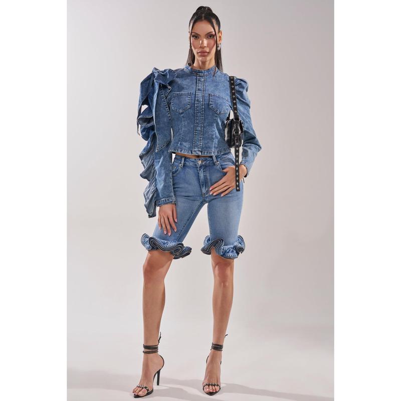 SEIZE THE DAY LONG SLEEVE FLOUNCE MEDIUM BLUE DENIM TOP