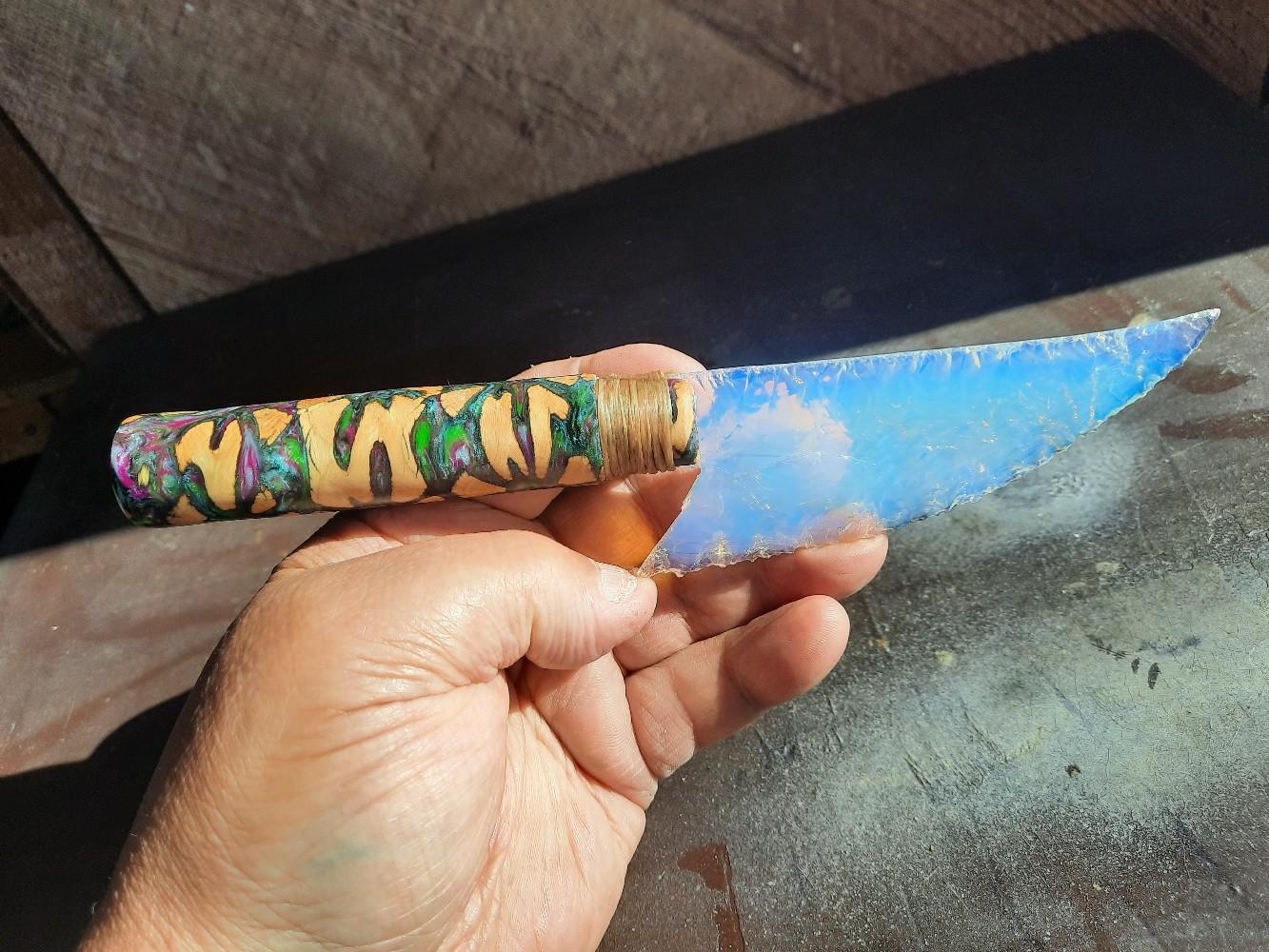 10 Inches Opalized Glass Blade Knife with Cholla Cactus Wood and Acrylic Custom Handle - Kitchen Utensil & Gadget - Knives, Wooden