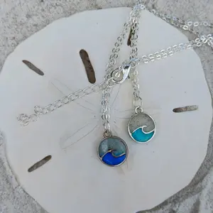 Necklace - Wave Adjustable Silver Color Cable Chain 18" - 20" Handcrafted with Florida Beach Sand Charms Unique Design Matching Earrings Available