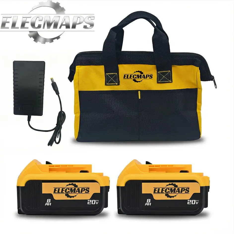 ELECMAPS 8000 mAh lithium-ion battery replacement pack, compatible with Dewe 20V MAX batteries, includes charging cable and storage bag, cordless tool replacement battery, high capacity, long runtime.