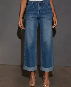 Women's Wide Leg Jeans High Waisted Stretchy Straight Leg Loose Trendy Denim Pants with Pocket Comfortable Fit for Casual & Business Wear