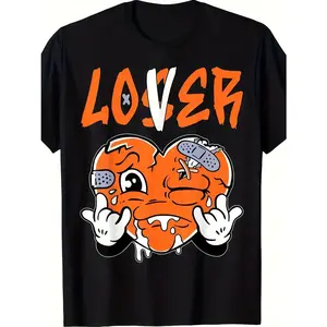 Men's Trendy Retro Hip Hop Streetwear T-Shirt - "Lover" Graphic with Orange Heart Design, 100% Cotton, Soft & Breathable Summer Short Sleeve Top, Black Casual Tee for Casual Attire, Retro T Shirt