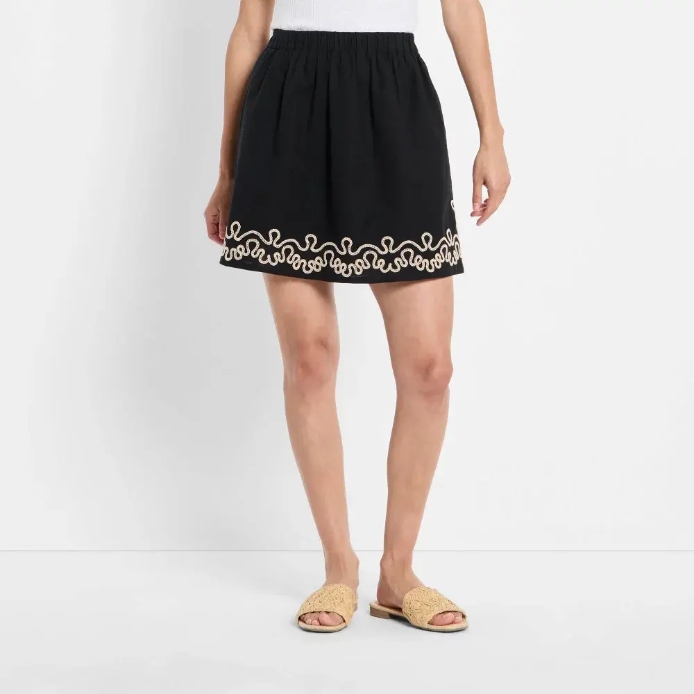 Women's Embroidered Linen Mini A-Line Skirt - Future Collective Black XL