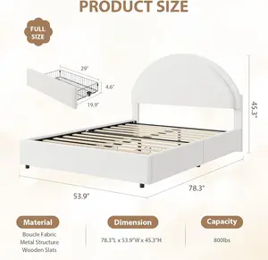 Modern Boucle Upholstered Platform Bed Frame with 2 Storage Drawers - Soft Padded Rounded Headboard, Heavy Duty Wooden Slats, Noise-Free, No Box Spring Needed, Bedroom Furniture