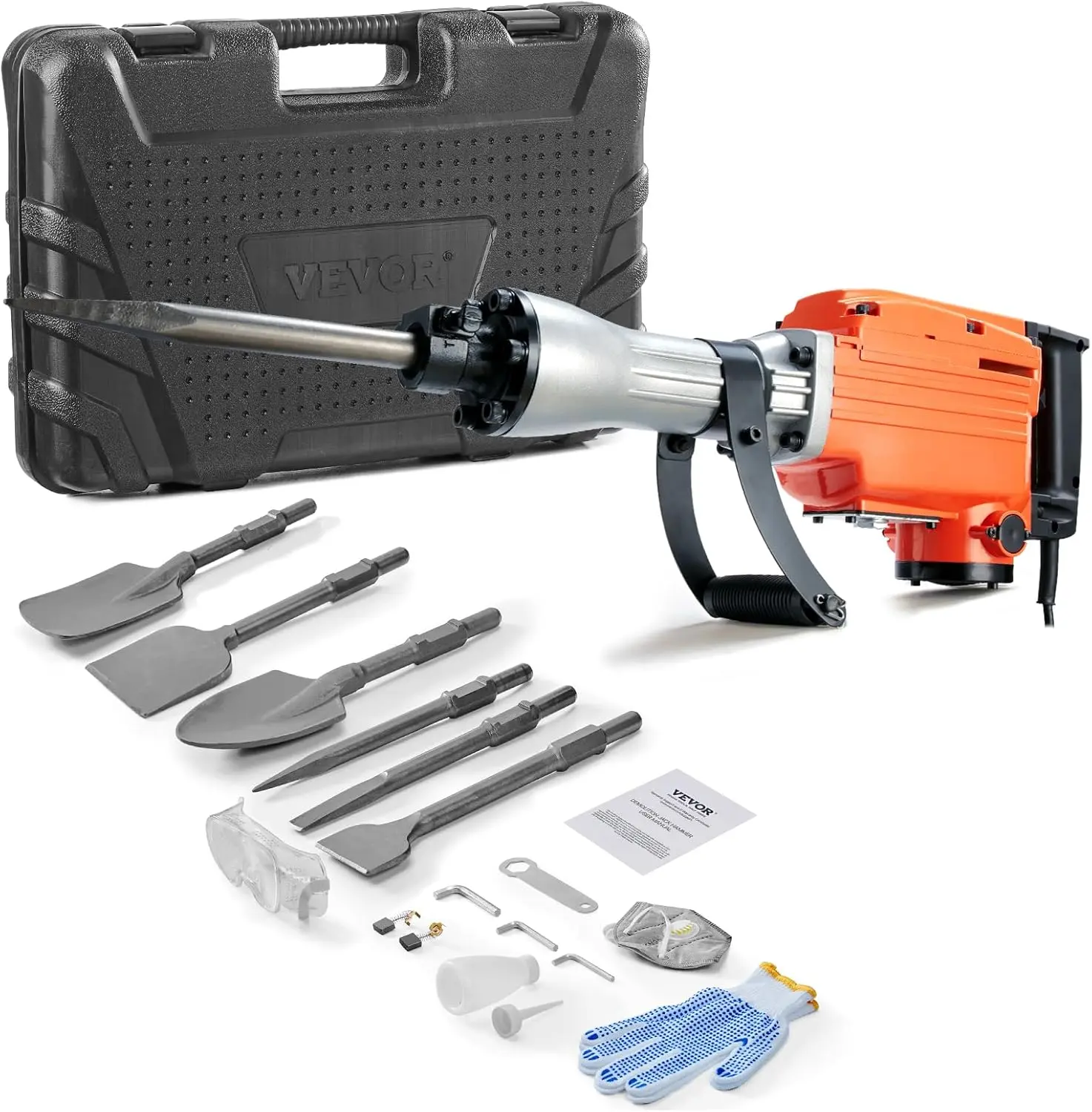 【Summerfinds】VEVOR Heavy Duty Demolition Jackhammer Electric Drill Tool Set - Aluminum Body, 2/4/6 Chisel Bits, 360°C Swiveling Front Handle, Cooling System, for Construction Concrete Breaking, Included Gloves, Ideal for Chimney Work, 2000W Motor