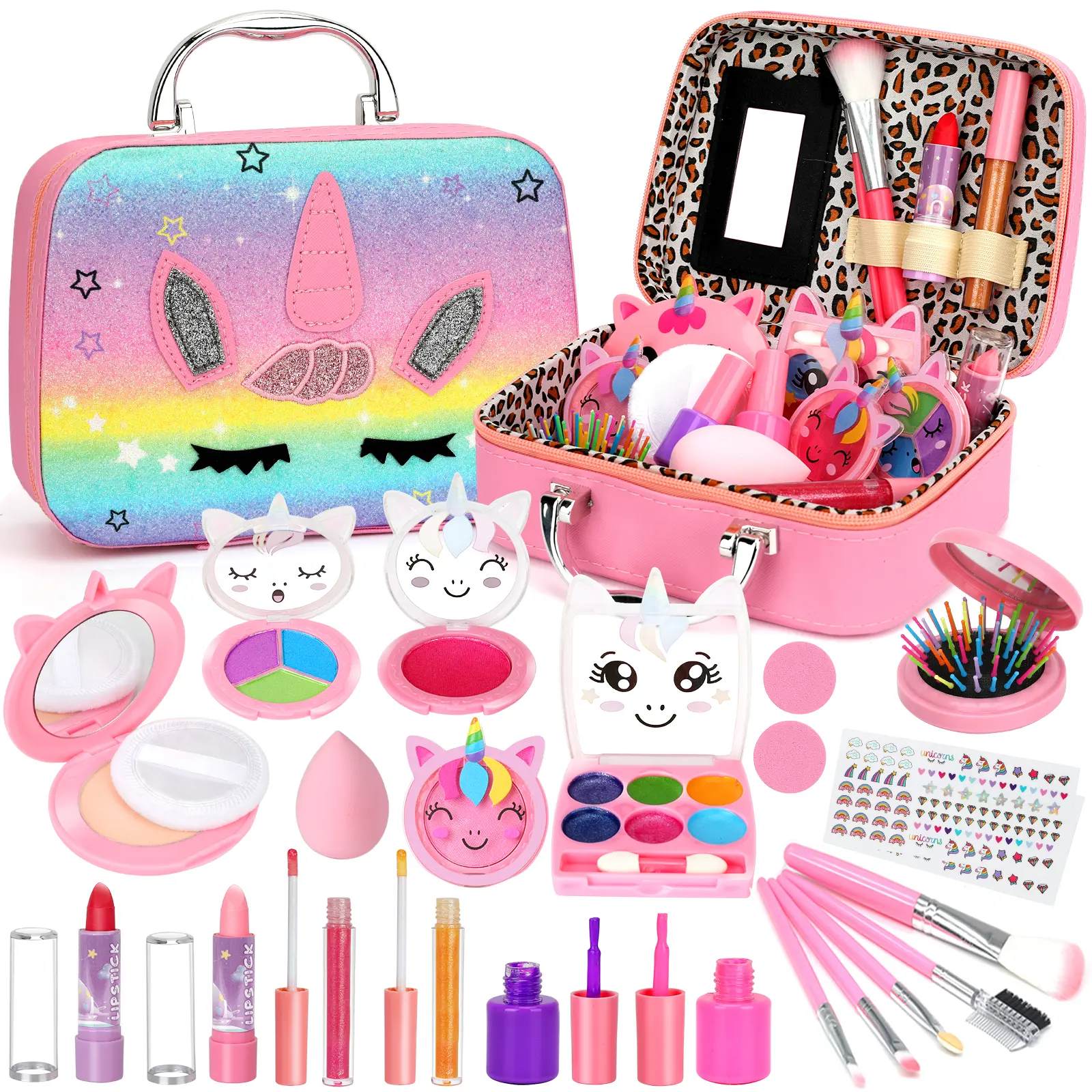 Kids Makeup Kit for Girls Age 3+, 24PCS Washable Non-Toxic Cosmetic Set with Mirror, Portable Storage Case & Makeup Brushes, Safe Pretend Play Princess Makeup Toys for Toddlers, Ideal Christmas Birthday Gifts for Little Girls