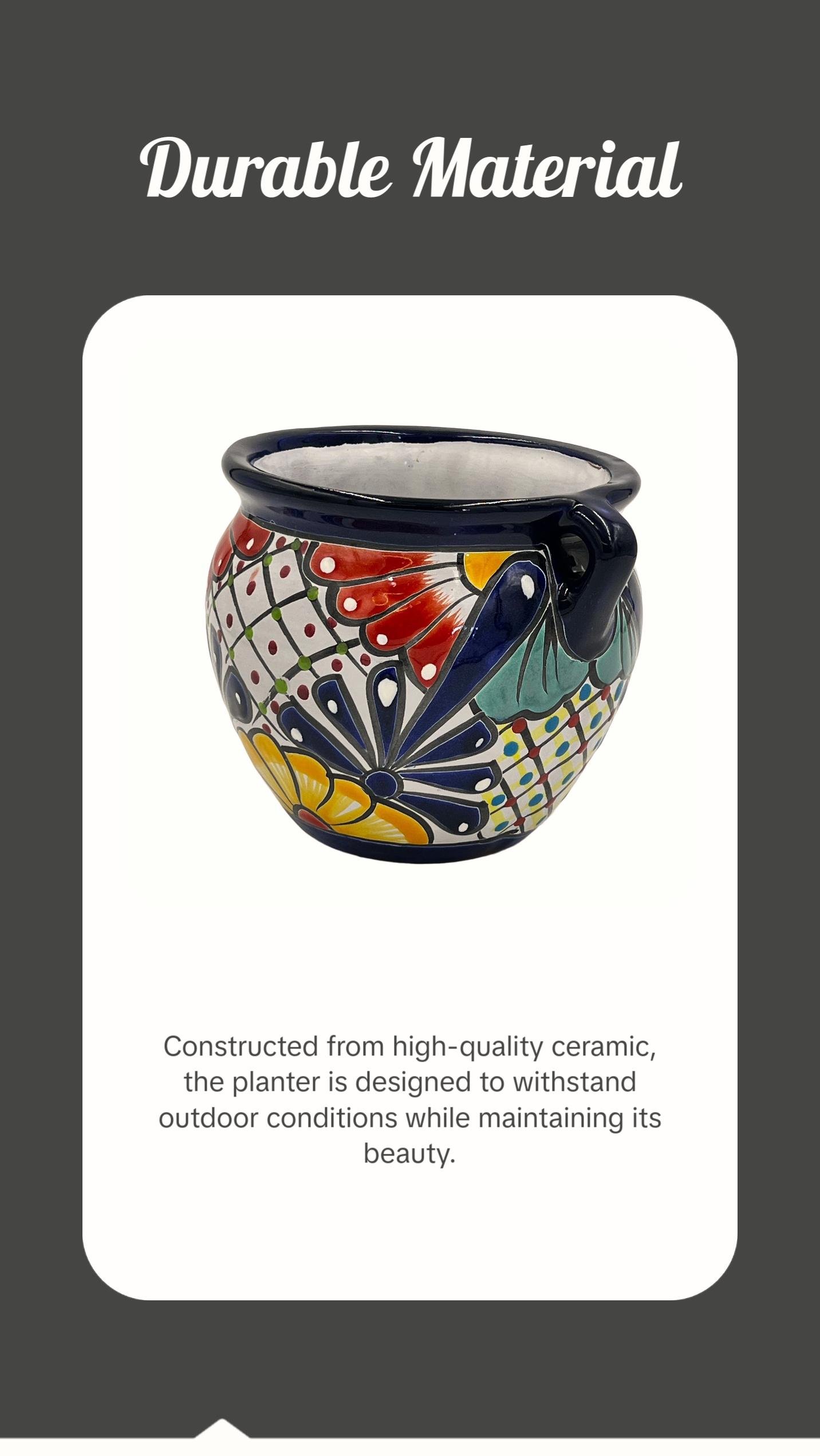 Michoacano Mexican Talavera Garden Pot - Dark Blue Trim