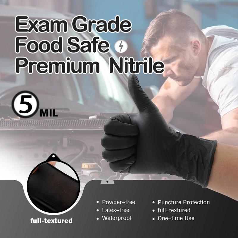 5Mil Heavy Duty Black Nitrile Gloves, Extra Strong Tear-Resistant Industrial Strength, Latex Free Disposable Cleaning Gloves for Gardening, Outdoor Tools, Home Improvement, Mechanic Work, BBQ, DIY Projects, Automotive Repair, Tattoo
