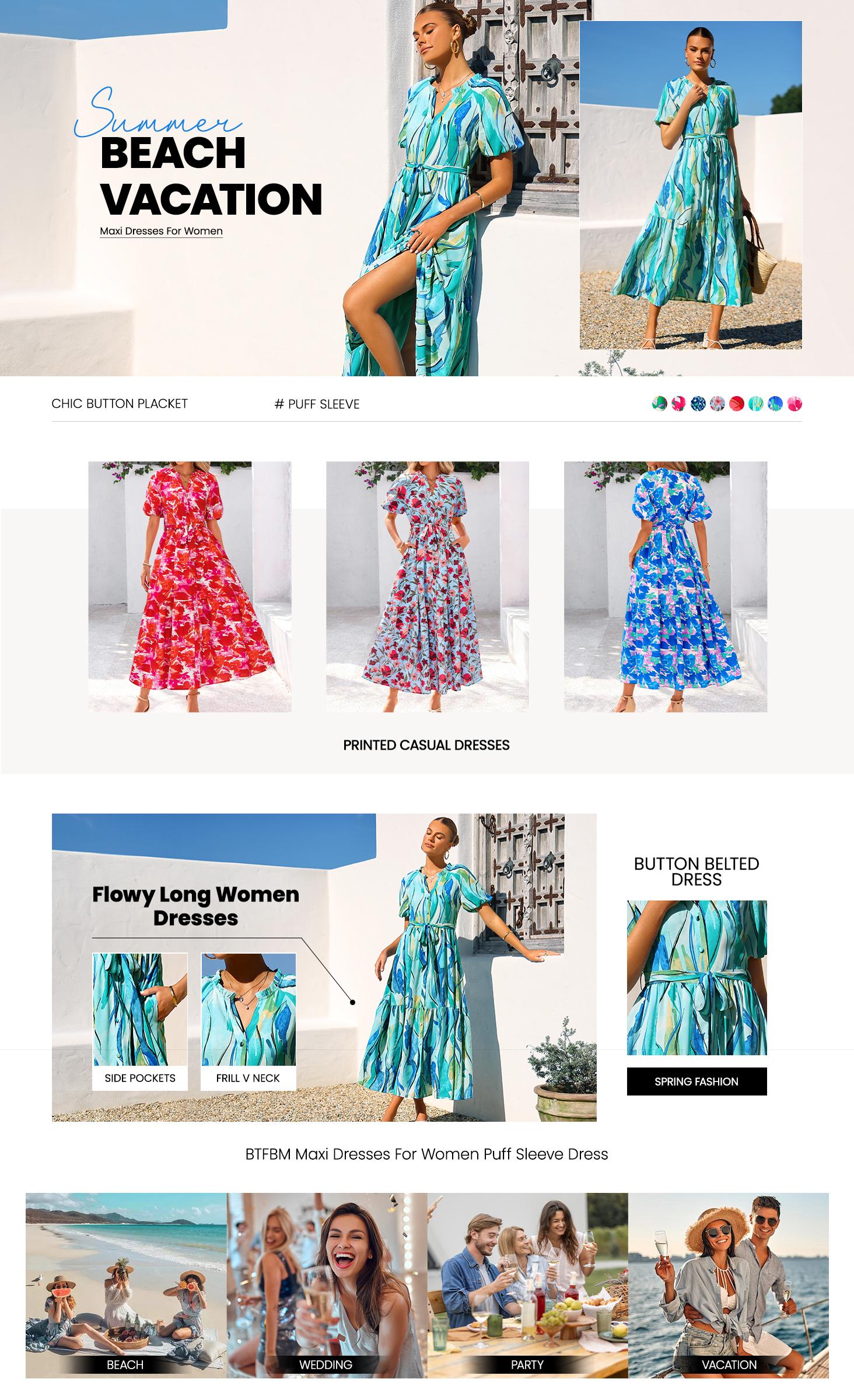BTFBM Women Summer Floral Maxi Dresses Casual Boho Puff Short Sleeve V Neck Button Belt Flowy Long Beach Vacation Dress