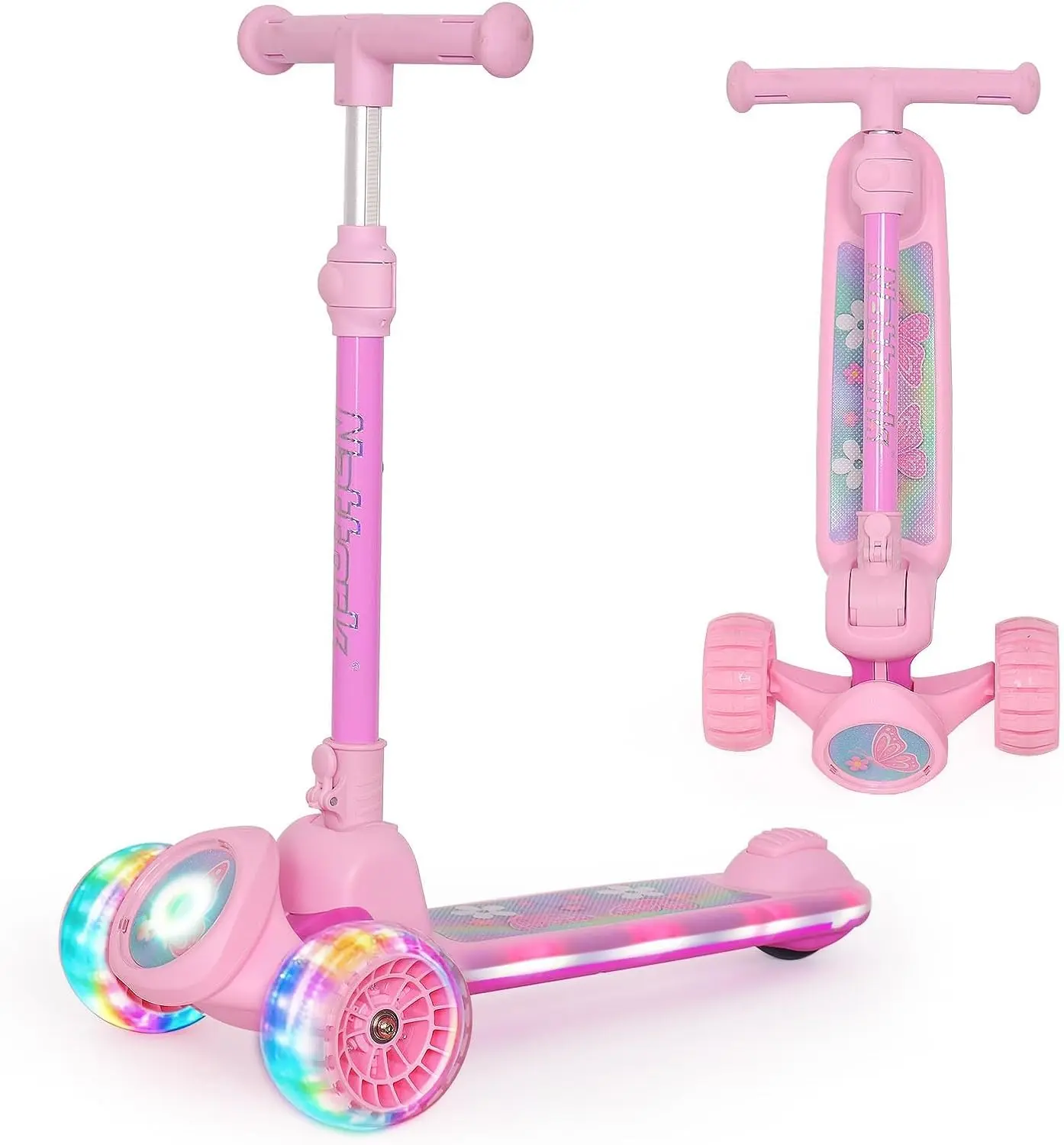 3-Wheel Kids Kick Scooter for Girls Ages 3+, Ride On Light-Up Wheels, Light-Up Deck & Headlight, Wide Anti-Slip Deck, Adjustable T-Bar Handle, Rear Foot Brake, 220Lbs Max Load for Indoor & Outdoor Riding, Ride On Wheels