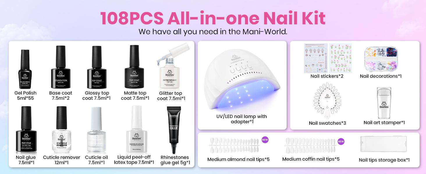 Beetles Gel Nail Polish Starter Kit-One Color One Bottle【UV Light&Top Base Gel&Decorations&Manicure Tools】DIY Nails Art Gift for girl Gift for woman gel x nails salon nails at home Cutics Fall Nail Thanksgiving Gift Black Friday Winter Nail Christmas Gift