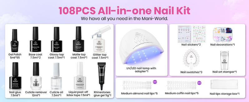 Beetles Gel Nail Polish Starter Kit-One Color One Bottle【UV Light&Top Base Gel&Decorations&Manicure Tools】DIY Nails Art Gift for girl Gift for woman gel x nails salon nails at home Cutics Fall Nail Thanksgiving Gift Black Friday Winter Nail Christmas Gift
